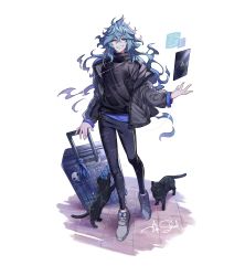 Rule 34 | 1boy, absurdres, alternate costume, animal, bad id, bad pixiv id, black cat, black pants, black sweater, blue hair, cable, casual, cat, character name, commentary request, crossed bangs, earphones, fiery hair, fingernails, floating, full body, grey jacket, grin, hair between eyes, hand up, highres, holographic interface, huge filesize, idia shroud, jacket, long hair, long sleeves, male focus, messy hair, open clothes, open jacket, pants, rolling suitcase, sample watermark, sharp teeth, shoes, signature, simple background, smile, sneakers, solo, standing, suitcase, sweater, tablet pc, teeth, tight clothes, tight pants, turtleneck, turtleneck sweater, tuze111, twisted wonderland, watermark, white background, white footwear, yellow eyes