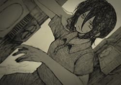 Rule 34 | 1girl, air conditioner, alley, ate5424, buttons, chainsaw man, choker, collared shirt, eyebrows, eyelashes, female focus, fighting stance, fingernails, grenade pin, hair between eyes, highres, long hair, looking at viewer, monochrome, nervous, pale skin, ponytail, reze (chainsaw man), scared, shirt, short sleeves, shorts, sidelocks, solo, squatting, sweat, sweatdrop