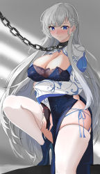 Rule 34 | 1girl, absurdres, anti kumo, arms under breasts, azur lane, belfast (azur lane), belfast (iridescent rosa) (azur lane), blue panties, blush, braid, breasts, bridal gauntlets, chain, chained, china dress, chinese clothes, cleavage, covered erect nipples, dress, earrings, french braid, grey background, grey hair, heart, heart earrings, highres, jewelry, long hair, looking at viewer, official alternate costume, panties, pelvic curtain, purple dress, purple eyes, side-tie panties, simple background, skindentation, solo, string panties, thighhighs, underwear, very long hair, white thighhighs