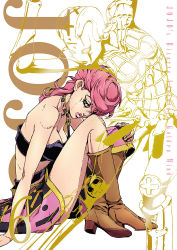 Rule 34 | 1girl, bare shoulders, boots, breasts, choker, cleavage, green eyes, jojo no kimyou na bouken, knees up, large breasts, lips, midriff, pink hair, short hair, sitting, skirt, spice girl (stand), stand (jojo), strap, thighs, trish una, vento aureo