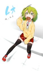 Rule 34 | 1girl, :3, absurdres, black thighhighs, cardigan, dai yasude, dated, female focus, green eyes, green hair, highres, mouth hold, original, plaid, plaid skirt, shoes, side ponytail, sitting, skirt, sleeves past wrists, solo, thighhighs, v, zettai ryouiki