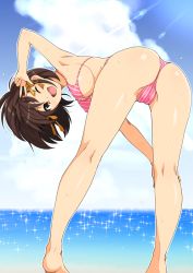 Rule 34 | 1girl, ;d, arm up, armpits, ass, bare arms, bare legs, bare shoulders, barefoot, bikini, blue sky, blush, breasts, brown eyes, brown hair, day, feet, frilled bikini, frills, from behind, hair ribbon, hand on own knee, haruhisky, highres, kneepits, large breasts, lens flare, light rays, looking at viewer, looking back, ocean, one eye closed, open mouth, orange ribbon, pink bikini, ribbon, round teeth, shiny skin, short hair, sky, smile, solo, sparkle, striped bikini, striped clothes, sunbeam, sunlight, suzumiya haruhi, suzumiya haruhi no yuuutsu, swimsuit, teeth, underboob, upper teeth only, v, vertical-striped bikini, vertical-striped clothes, water, water drop, wet