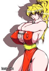 Rule 34 | bash-inc, blonde hair, blush, breasts, capcom, cleavage, covered erect nipples, final fight, fishnet top, fishnets, genryuusai maki, huge breasts, panties, thick thighs, thighs, underwear