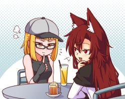 Rule 34 | 2girls, :d, :t, puff of air, alternate costume, animal ear fluff, animal ears, bare shoulders, baseball cap, beer mug, black gloves, black tank top, blonde hair, blue background, blush, brown hair, casual, chair, commentary, contemporary, cup, dress, drinking glass, drinking straw, english commentary, eyelashes, fang, finger to own chin, fingerless gloves, flying sweatdrops, from behind, gloves, grey headwear, hair between eyes, halftone, halftone background, hand on own chin, hand up, hat, ice, ice cube, imaizumi kagerou, joutouguu mayumi, long sleeves, looking at another, mug, multiple girls, nail polish, open mouth, red eyes, red nails, short hair, sitting, smile, table, tank top, touhou, upper body, white background, white dress, wolf ears, wool (miwol), yellow eyes