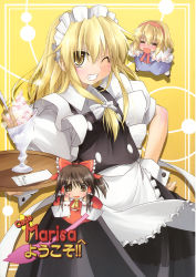 Rule 34 | 3girls, :d, alice margatroid, apron, blonde hair, blush, bow, brown hair, capelet, chibi, detached sleeves, closed eyes, female focus, frown, grin, hair bow, hair ribbon, hairband, hakurei reimu, hand on own hip, highres, japanese clothes, kirisame marisa, long hair, looking at viewer, maid, maid apron, maid headdress, miko, multiple girls, nontraditional miko, one eye closed, open mouth, ribbon, smile, sweat, touhou, tray, wide sleeves, wrist cuffs, yellow eyes