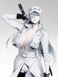 Rule 34 | 1girl, black gloves, breasts, dongho kang, fingerless gloves, gloves, gradient background, grey background, grey hair, hair over one eye, hat, hataraku saibou, highres, holding, holding sword, holding weapon, long hair, looking at viewer, no bra, pants, simple background, solo, sword, weapon