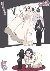 Rule 34 | !, 2girls, 2koma, ^^^, afterimage, alcina dimitrescu, all fours, artist name, ass, bandaid, bandaid on face, bandaid on forehead, black dress, black gloves, breasts, capcom, chibi, cleavage, colored skin, comic, curvy, daniela dimitrescu, doorway, dress, flying sweatdrops, full body, giant, giantess, gloves, grey skin, height conscious, height difference, hood, hood up, huge breasts, in the face, large breasts, mature female, mother and daughter, multiple girls, neone, nun, pain, pale skin, prostration, resident evil, resident evil village, short hair, silent comic, size difference, standing, tall female, tearing up, white dress