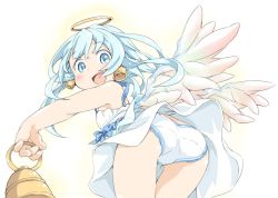 Rule 34 | 1girl, angel, ass, bad id, bad twitter id, bellringer angel, blue eyes, blue hair, dress, earrings, from behind, halo, ham (points), inactive account, jewelry, leaning forward, long hair, looking back, open mouth, panties, shadowverse, smile, solo, thigh gap, underwear, white panties, wind, wind lift, wings