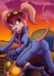 Rule 34 | 1girl, absurdres, ass, blonde hair, bodysuit, boots, breasts, cameltoe, car, crash bandicoot (series), fang, from behind, gloves, green eyes, helmet, highres, long hair, looking back, motor vehicle, open mouth, pasadena o&#039;possum, scarf, skin tight, smile, solo, tail