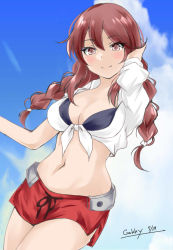 Rule 34 | 1girl, bikini, bikini under clothes, black bikini, blue sky, braid, breasts, brown eyes, brown hair, cloud, cowboy shot, gakky, kantai collection, large breasts, looking at viewer, low twintails, medium breasts, noshiro (kancolle), official alternate costume, one-hour drawing challenge, red shorts, shirt, shorts, sky, solo, swept bangs, swimsuit, swimsuit under clothes, tied shirt, twin braids, twintails