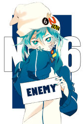 Rule 34 | 1girl, ama (i-ekk), badge, beanie, blue background, blue eyes, blue hair, blue jacket, blue nails, button badge, casual, character name, closed mouth, collared jacket, covering own mouth, ene (kagerou project), english text, facial mark, fingernails, hair between eyes, hand over own mouth, hat, hat ornament, headwear writing, highres, holding, holding sign, jacket, jinzou enemy (vocaloid), kagerou project, long hair, looking at viewer, multicolored clothes, multicolored jacket, outside border, popped collar, rabbit head, sanpaku, sign, simple background, single stripe, sleeves past fingers, sleeves past wrists, smile, solo, star (symbol), striped, track jacket, triangle, tsurime, two-tone background, two-tone jacket, upper body, very long sleeves, white background, white hat, white jacket, white stripes