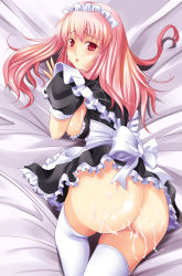 Rule 34 | 1girl, aftersex, ass, bottomless, breasts, clothes pull, cum, cum on ass, cum on body, cum on breasts, cum on lower body, cum on upper body, facial, long hair, lying, maid, maki (seventh heaven maxion), original, pink hair, red eyes, shirt pull, solo, thighhighs, wrist cuffs