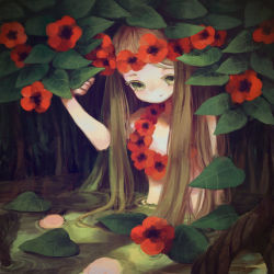Rule 34 | 1girl, brown hair, convenient censoring, feet out of frame, flat chest, flower, green eyes, hand up, leaf, limo nine, long hair, nude, original, partially submerged, plant, poppy (flower), red flower, sitting, solo