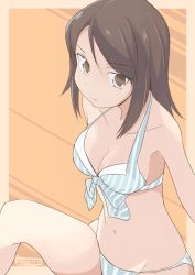 Rule 34 | 10s, 1girl, arm support, artist name, bikini, blue background, breasts, brown background, cbgb, cleavage, closed mouth, collarbone, commentary, front-tie bikini top, front-tie top, girls und panzer, highres, leaning back, long hair, looking at viewer, medium breasts, mika (girls und panzer), navel, no headwear, signature, sitting, smile, solo, striped bikini, striped clothes, swimsuit, vertical-striped bikini, vertical-striped clothes