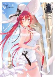 Rule 34 | 1girl, absurdres, artist name, azur lane, bare shoulders, biganbanani, breasts, cane, cocktail dress, covered erect nipples, dated, dress, from side, hair between eyes, hat, highres, large breasts, long hair, looking at viewer, looking to the side, microdress, monarch (azur lane), monarch (white warrick) (azur lane), official alternate costume, outdoors, purple eyes, red hair, royal navy emblem (azur lane), see-through, see-through sleeves, solo, sun hat, thighs, very long hair, walking, white dress, white hat
