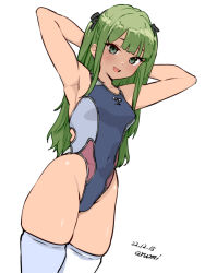 Rule 34 | 1girl, :d, armpits, arms behind head, baba arumi, blush, competition swimsuit, covered navel, green eyes, green hair, groin, long hair, looking at viewer, one-piece swimsuit, open mouth, original, simple background, smile, solo, swimsuit, thighhighs, white background, white thighhighs