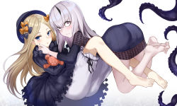 Rule 34 | 2girls, :o, abigail williams (fate), artistic error, barefoot, black bow, black dress, black hat, blonde hair, bloomers, blue eyes, bow, bug, butterfly, closed mouth, commentary request, dress, fate/grand order, fate (series), feet, hair between eyes, hair bow, hand on another&#039;s cheek, hand on another&#039;s face, hands in opposite sleeves, hat, highres, horns, hugging object, insect, jirusu, lavinia whateley (fate), long hair, long sleeves, looking at viewer, looking to the side, multiple girls, orange bow, pale skin, parted bangs, parted lips, polka dot, polka dot bow, purple eyes, simple background, single horn, stuffed animal, stuffed toy, suction cups, teddy bear, tentacles, underwear, very long hair, white background, white bloomers, white hair, wide-eyed, wrong foot