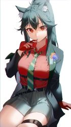 Rule 34 | 1girl, animal ear fluff, animal ears, arknights, arm support, black hair, black jacket, breasts, collared shirt, commentary request, drinking straw, drinking straw in mouth, gloves, green necktie, green skirt, hand up, highres, ichibi, invisible chair, jacket, large breasts, long hair, long sleeves, looking at viewer, necktie, off shoulder, official alternate costume, ponytail, red eyes, red gloves, red shirt, shirt, sidelocks, sitting, skirt, solo, texas (arknights), texas (willpower) (arknights), thigh strap, white background, wolf ears