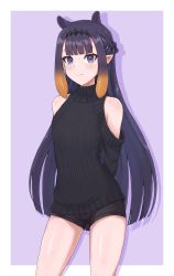 Rule 34 | 1girl, absurdres, alternate costume, animal ears, arms behind back, bare shoulders, black shorts, black sweater, blunt bangs, blush, casual, closed mouth, clothing cutout, commentary, cowboy shot, diamond hairband, english commentary, half updo, highres, hololive, hololive english, kuon bb, long hair, looking at viewer, mole, mole under eye, ninomae ina&#039;nis, orange hair, pointy ears, purple background, purple eyes, purple hair, ribbed sweater, shadow, short shorts, shorts, shoulder cutout, sidelocks, simple background, smile, solo, standing, sweater, tentacle hair, thighs, turtleneck, turtleneck sweater, two-tone background, very long hair, virtual youtuber, white background