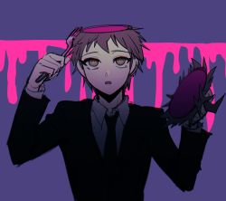 Rule 34 | 1boy, :o, ahoge, black jacket, black necktie, blood, brown eyes, brown hair, collared shirt, commentary, danganronpa (series), danganronpa 3 (anime), fork, formal, gloves, gwanlamcha, highres, hinata hajime, holding, holding fork, holding head, jacket, long sleeves, looking up, male focus, necktie, official alternate costume, open mouth, pink blood, purple background, self-cannibalism, shirt, short hair, simple background, solo, suit, symbol-only commentary, tagme, upper body, white shirt