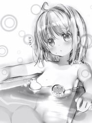 Rule 34 | 1girl, ahoge, bathing, bathtub, blush, breasts, catchphrase, completely nude, convenient censoring, greyscale, head tilt, highres, himemori luna, hololive, looking at viewer, medium breasts, medium hair, monochrome, nanashi (nlo), nude, parted lips, sitting, solo, subaru duck, upper body, virtual youtuber