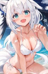 Rule 34 | 1girl, :d, absurdres, animal ears, blue eyes, breasts, claw pose, cleavage, highres, hololive, large breasts, looking at viewer, open mouth, shirakami fubuki, smile, solo, swimsuit, tail, uechin ewokaku, virtual youtuber, white hair