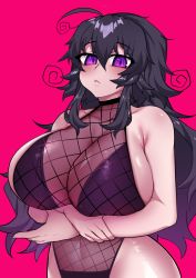 Rule 34 | 1girl, absurdres, ahoge, arms under breasts, black hair, blush, breasts, cleavage, cowboy shot, crawling dreams, crossed arms, curly hair, curvy, fishnet leotard, fishnets, highleg, highleg leotard, highres, huge breasts, leotard, long hair, looking at viewer, messy hair, nyarla (osiimi), osiimi, pink background, purple eyes, purple leotard, revealing clothes, simple background, solo, upper body, wide hips
