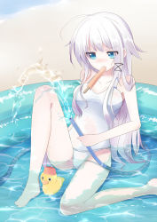Rule 34 | 1girl, ahoge, anceril sacred, annoyed, bad id, bad pixiv id, barefoot, blue eyes, casual one-piece swimsuit, food, frown, highres, hose, long hair, mishima kurone, mouth hold, one-piece swimsuit, original, partially submerged, pool, popsicle, rubber duck, school swimsuit, sitting, solo, splashing, submerged, swimsuit, very long hair, wading pool, water, white hair, white one-piece swimsuit