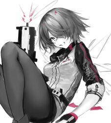 Rule 34 | 1girl, :d, arknights, black gloves, black pantyhose, black skirt, exusiai (arknights), gloves, goma 74umai, greyscale, grin, gun, halo, holding, holding gun, holding weapon, jacket, kriss vector, looking at viewer, monochrome, open mouth, pantyhose, short hair, short sleeves, skirt, smile, solo, submachine gun, teeth, weapon, white background, white jacket, wings