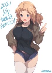 Rule 34 | 1girl, 9s0ykoyama117, absurdres, blonde hair, blue eyes, breasts, dated, girls und panzer, highres, jacket, kay (girls und panzer), looking at viewer, medium breasts, shorts, socks, solo, thighhighs, thumbs up, white background, white socks