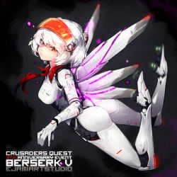 Rule 34 | 1girl, ass, bodysuit, breasts, closed mouth, copyright name, crusaders quest, ejami, from side, gloves, looking at viewer, mechanical wings, red eyes, short hair, simple background, solo, visor, white hair, wings