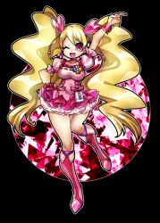 Rule 34 | 1girl, arm ribbon, arm up, bag, black background, blonde hair, boots, commentary request, crystal, cure peach, dress, earrings, flower, flower brooch, fresh precure!, frills, full body, hair ornament, hairclip, heart, heart earrings, heart hair ornament, jewelry, knee boots, long hair, looking at viewer, magical girl, momozono love, pink dress, pink eyes, pink footwear, pointing, pointing up, precure, ribbon, senmu (0107), short sleeves, simple background, smile, solo, twintails, very long hair, wrist cuffs