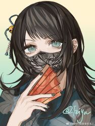 Rule 34 | 1girl, bang dream!, bang dream! it&#039;s mygo!!!!!, black hair, black mask, black nails, commentary, feiyu30903448, gradient background, green background, green eyes, hair ribbon, hand fan, highres, holding, holding fan, japanese clothes, kimono, long hair, mask, mouth mask, nail polish, ribbon, sidelocks, solo, twitter username, upper body, weibo watermark, yahata umiri, yellow background, yukata