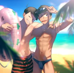 Rule 34 | &gt;:d, 10s, 2boys, :d, abs, adjusting eyewear, ahoge, alternate eye color, arm around neck, beach, black hair, blue eyes, blue male swimwear, blue sky, blue swim briefs, blurry, brothers, cloud, cowboy shot, day, depth of field, drawstring, eyebrows, eyewear on head, glasses, glint, gold, grin, groin, hand on another&#039;s shoulder, hand up, head tilt, innertube, jewelry, lens flare, looking at viewer, male focus, male swimwear, matsuno karamatsu, matsuno osomatsu, mocchiri oyaji, multiple boys, navel, necklace, nipples, ocean, one eye closed, open mouth, osomatsu-kun, osomatsu-san, outdoors, palm tree, red eyes, red male swimwear, red swim trunks, shade, shorts, siblings, sky, smile, striped, striped clothes, striped male swimwear, striped shorts, summer, sunglasses, swim briefs, swim ring, swim trunks, swimsuit, teeth, topless male, transparent, tree, v-shaped eyebrows