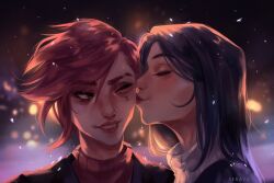 Rule 34 | 2girls, artist name, blurry, blurry background, blush, caitlyn (league of legends), closed eyes, highres, kiss, kissing cheek, league of legends, long hair, multiple girls, night, nose piercing, one eye closed, outdoors, piercing, portrait, profile, red hair, red lips, seraya x, sideways glance, smile, snowing, teeth, vi (league of legends), yuri