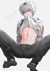 Rule 34 | 1boy, arms at sides, black pants, black socks, clothes lift, commentary, copyright request, crotch, ear piercing, full body, grey background, grey eyes, grey hair, grey shirt, half-closed eyes, highres, lifted by self, linea alba, male focus, messy hair, mouth hold, navel, no shoes, pants, piercing, shirt, shirt lift, short hair, simple background, sitting, socks, solo, spread legs, symbol-only commentary, twitter username, yaezakirai