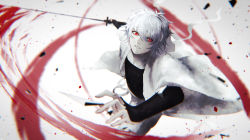 Rule 34 | 1boy, absurdres, bandages, bandaged head, bandages, blood, blood on hands, bloody weapon, character request, gintama, hair between eyes, highres, holding, holding sword, holding weapon, japanese clothes, katana, long sleeves, male focus, parted lips, red eyes, shards, shion (reira), slashing, solo, sword, weapon, white hair, wide sleeves