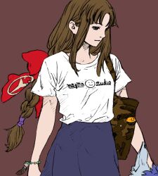 Rule 34 | 1girl, arc the lad, arc the lad ii, bag, bracelet, braid, brown eyes, brown hair, closed mouth, highres, jewelry, lieza (arc the lad), long hair, low-tied long hair, magmastudio, paundit, shirt, shoulder bag, simple background, solo, t-shirt, very long hair