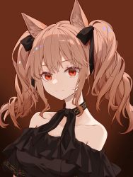 Rule 34 | 1girl, absurdres, ambience synesthesia, angelina (arknights), animal ear fluff, animal ears, arknights, bare shoulders, black bow, black dress, black ribbon, bow, breasts, brown hair, closed mouth, collarbone, dress, fox ears, gradient background, hair bow, highres, kuro (kuro mz4278), long hair, looking at viewer, medium breasts, neck ribbon, off-shoulder dress, off shoulder, official alternate costume, orange background, red eyes, ribbon, sidelocks, smile, solo, twintails