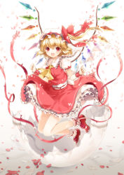 Rule 34 | 1girl, 6u (eternal land), :d, ascot, bad id, bad pixiv id, blonde hair, blush, bow, egg, eggshell, fang, female focus, flandre scarlet, hat, hat bow, kiyu, legs up, open mouth, petals, red eyes, red ribbon, ribbon, short hair, side ponytail, skirt, skirt set, smile, solo, touhou, wings, wrist cuffs