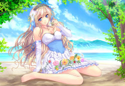 Rule 34 | 1girl, barefoot, beach, blonde hair, blue eyes, blush, breasts, cleavage, crown, day, dress, elbow gloves, flower, gloves, legs, long hair, mahiro takeumi, original, outdoors, smile, solo, thighs, water