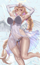 Rule 34 | 1girl, angel, angel wings, armpits, arms up, blonde hair, blue nails, blue sky, braid, braided ponytail, breasts, building, closed mouth, clothing cutout, covered navel, dress, earrings, elbow gloves, feathers, fingerless gloves, flying, gloves, gradient hair, hair between eyes, halo, highres, jewelry, large breasts, long hair, looking at viewer, multicolored hair, nail polish, original, panties, pink hair, red eyes, revealing clothes, side-tie panties, silvertsuki, sky, solo, sunlight, symbol-shaped pupils, twitter username, underwear, very long hair, white dress, white gloves, white panties, white wings, wings