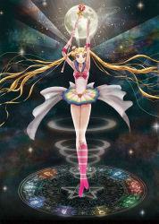 Rule 34 | 1girl, armpits, arms up, bishoujo senshi sailor moon, blonde hair, blue eyes, boots, bow, bowtie, brooch, elbow gloves, floating hair, full body, full moon, gloves, heart, heart brooch, highres, holding, holding staff, jewelry, knee boots, long hair, magic circle, magical girl, microskirt, mofuri (pixiv11461263), moon, pink footwear, pleated skirt, red bow, red bowtie, sailor moon, shirt, skirt, sleeveless, sleeveless shirt, solo, staff, standing, super sailor moon, twintails, very long hair, white gloves, white shirt