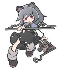 Rule 34 | 1girl, animal ears, bucket, capelet, closed mouth, dowsing rod, full body, grey capelet, grey footwear, grey hair, grey shirt, grey skirt, jewelry, long sleeves, looking at viewer, mouse (animal), mouse ears, mouse girl, mouse tail, nazrin, pendant, puyopuyo, red eyes, shinmon akika, shirt, short hair, simple background, skirt, smile, solo, tail, touhou, white background