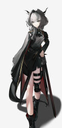 Rule 34 | 1girl, absurdres, arknights, ascot, black ascot, black cape, black footwear, black shirt, black shorts, black socks, boots, bright pupils, cape, dragon girl, dragon horns, dragon tail, grey eyes, grey hair, highres, horns, knee pads, long sleeves, looking at viewer, medium hair, nero (nero nyam), scabbard, shadow, sheath, sheathed, shirt, shorts, simple background, single knee pad, socks, solo, standing, tail, talulah (arknights), talulah the fighter (arknights), two-tone shirt, white background, white pupils, white shirt