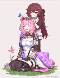 Rule 34 | 2girls, :d, black bow, black gloves, black pantyhose, black shirt, black thighhighs, blush, bow, braid, breasts, brown footwear, brown hair, bug, butterfly, cleavage, closed eyes, dress, dyadyadya, eden (honkai impact), eighth note, elbow gloves, elysia (honkai impact), elysia (miss pink elf) (honkai impact), flower, gloves, grey background, hair bow, hair flower, hair ornament, hand up, honkai (series), honkai impact 3rd, insect, layered skirt, long hair, medium breasts, multiple girls, musical note, open mouth, orange eyes, pantyhose, pink flower, pink hair, pleated skirt, pointy ears, puffy short sleeves, puffy sleeves, purple flower, seiza, shirt, shoes, short sleeves, simple background, single glove, single sleeve, sitting, skirt, smile, standing, teeth, thighhighs, twitter username, upper teeth only, very long hair, white dress, white skirt