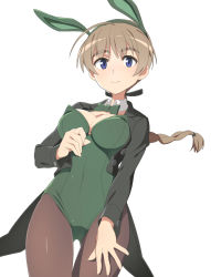 Rule 34 | 1girl, animal ears, blonde hair, blue eyes, bow, bowtie, braid, breasts, cleavage, detached collar, fake animal ears, from below, green bow, green leotard, hair bow, large breasts, legs together, leotard, long hair, looking at viewer, looking down, lynette bishop, nanashino, pantyhose, rabbit ears, simple background, single braid, smile, solo, strike witches, thick eyebrows, thigh gap, white background, world witches series