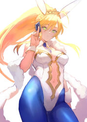 Rule 34 | 1girl, ahoge, animal ears, artoria pendragon (all), artoria pendragon (fate), artoria pendragon (swimsuit ruler) (fate), bare shoulders, blonde hair, blue pantyhose, blush, braid, breasts, card, cleavage, clothing cutout, detached collar, fate/grand order, fate (series), feather boa, french braid, gold trim, green eyes, hair between eyes, highleg, highleg leotard, highres, large breasts, leotard, long hair, looking at viewer, navel, navel cutout, necktie, otsukemono, pantyhose, playboy bunny, playing card, ponytail, rabbit ears, sidelocks, solo, thighs, tiara, white leotard, wrist cuffs