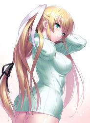 Rule 34 | 1girl, blonde hair, cowboy shot, dress, from behind, gradient background, green eyes, hair ribbon, happy birthday, little busters!, long hair, ribbed dress, ribbed sweater, ribbon, smile, solo, standing, sweater, sweater dress, tokido saya, white dress, white sweater, zen (kamuro)