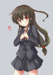 Rule 34 | 10s, 1girl, black hair, black skirt, blazer, blush, cowboy shot, grey background, hands on own chest, hatsushimo (kancolle), heart, jacket, kantai collection, long hair, looking at viewer, low-tied long hair, necktie, pleated skirt, red eyes, simple background, sinra (rakuto), skirt, smile, solo